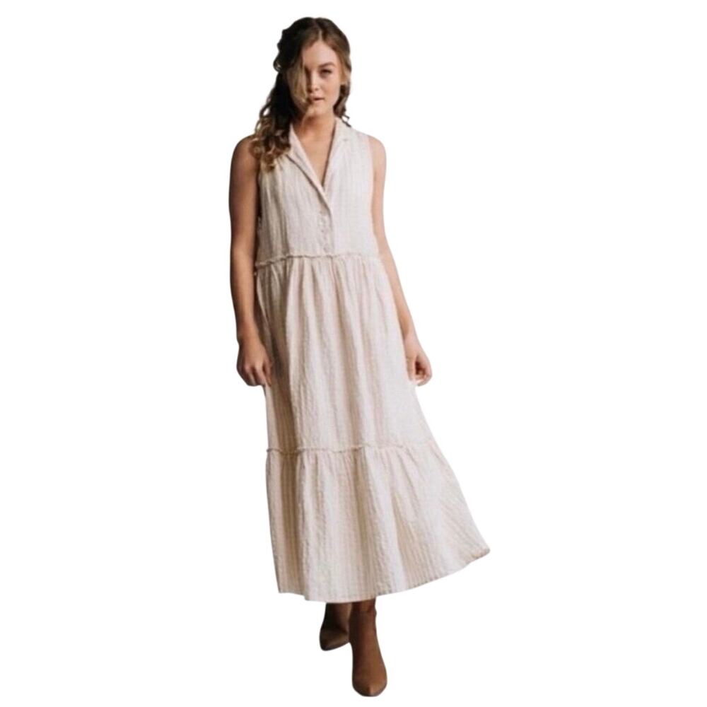 FREE PEOPLE SAFFRON FLOWER BEIGE PLAID MIDI DRESS LARGE LINEN COTTON POCKETS
